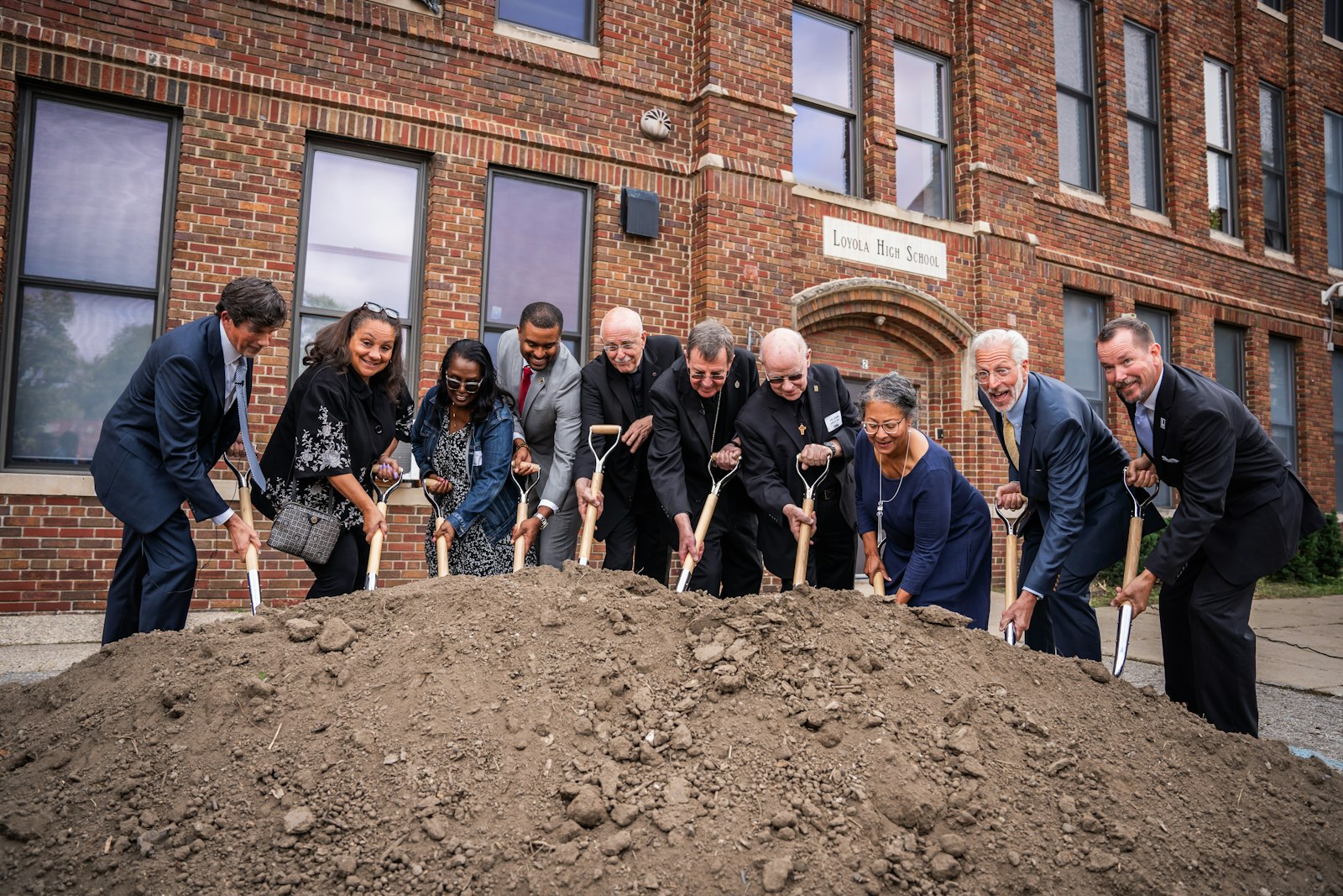 Dignitaries from the Archdiocese of Detroit, Loyola High School and the city of Detroit break ground on a new 200-seat chapel at Loyola High School on Sept. 13, 2023, part of the school's $9 million "Empower Loyola" campaign. (Valaurian Waller | Detroit Catholic)