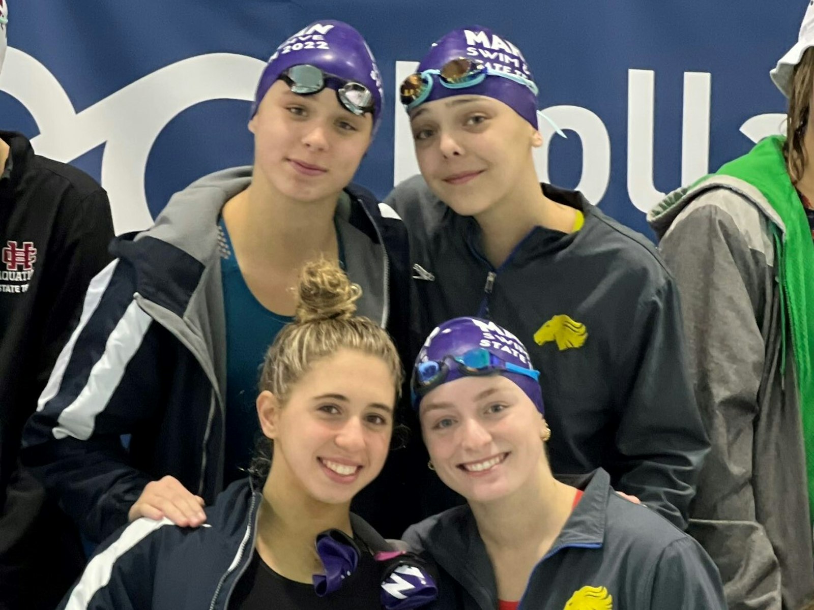 The winning 200-yard freestyle relay team of Lily Low, Axelle Ballarin, Lena McKenney and Rachel Bello was a key to Marian’s state-meet success. Bello also won two individual events (Photo courtesy of Michigan High School Athletic Association)