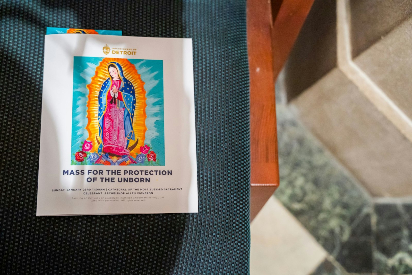 A Mass booklet is pictured for the Mass for the Protection of the Unborn at the Cathedral of the Most Blessed Sacrament. After Communion, Archbishop Vigneron led the congregation in praying to Our Lady of Guadalupe, patroness of the unborn.