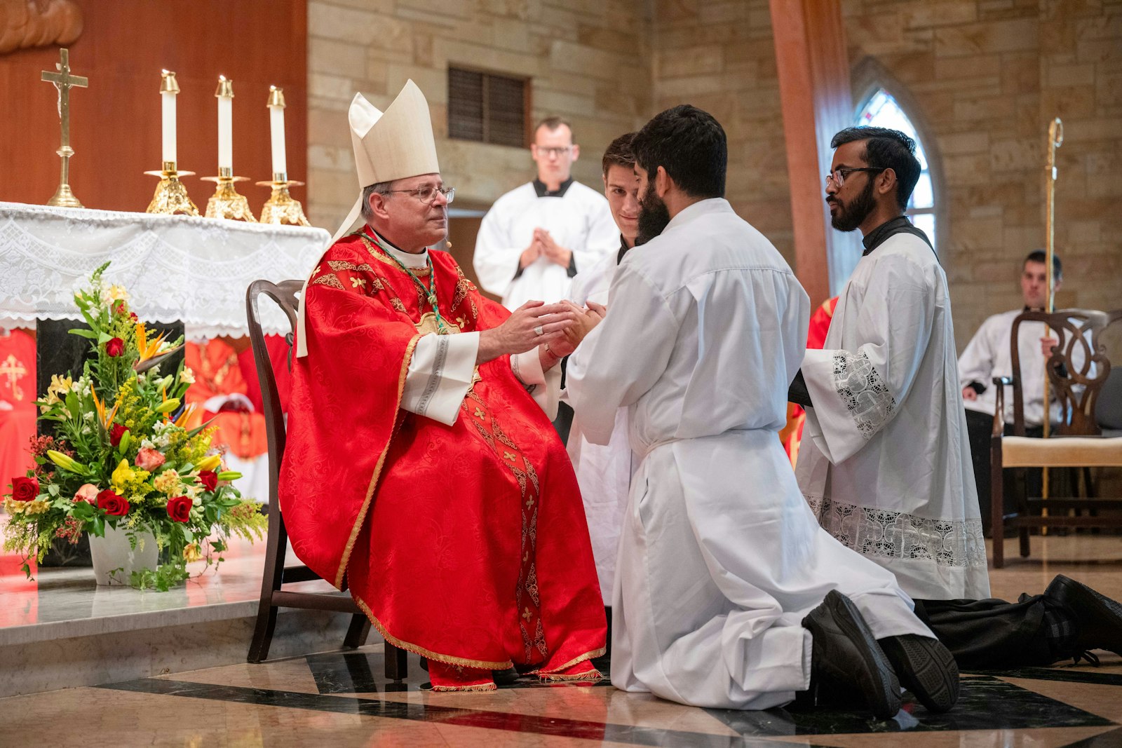 Archbishop Marcel Damphousse of Ottawa blesses the hands of Deacon Horianopoulos of Kitimat, British Columbia. Deacon Horianopoulos first had an inkling of becoming a priest in 2015 while attending a retreat called Missionary Disciples Today, where he heard talk from a married man who spoke about the liberation that comes from embracing the vocation God is calling each person to answer..