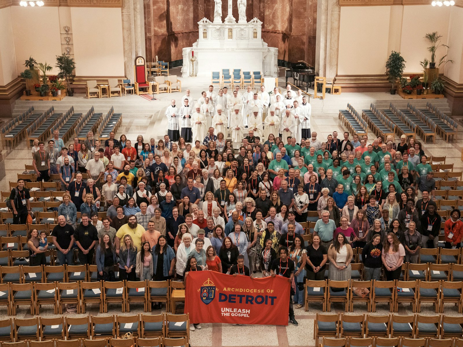 An aerial photo shows the approximately 300 Detroit-area pilgrims who traveled to Indianapolis for the National Eucharistic Congress.