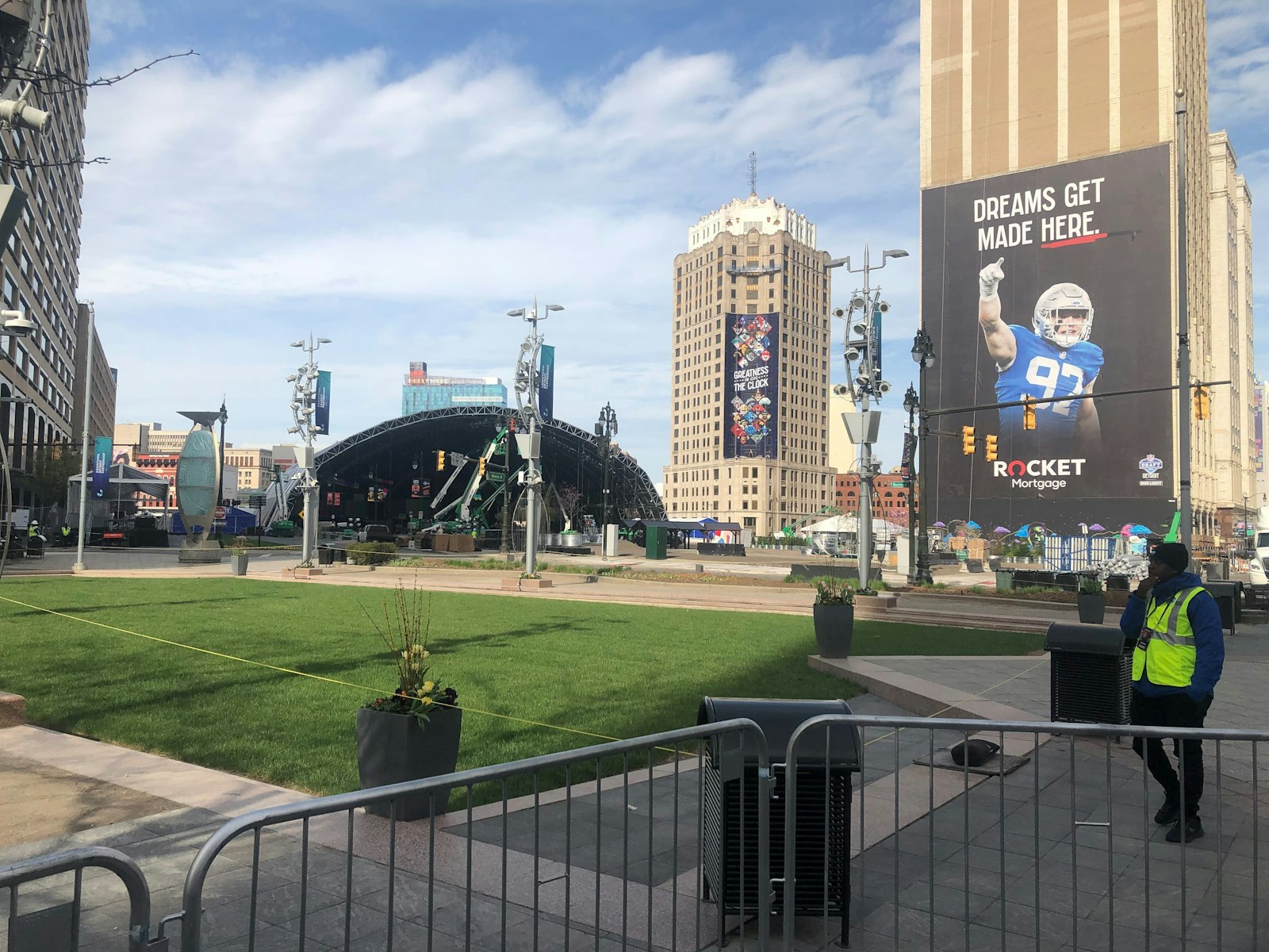 The stage for this year's NFL Draft in downtown Detroit's Cadillac Square is overshadowed by a larger-than-life poster of Aidan Hutchinson, the Detroit Lions' No. 2 overall pick in 2022 and a product of Divine Child High School in Dearborn. (Michael Stechschulte | Detroit Catholic)