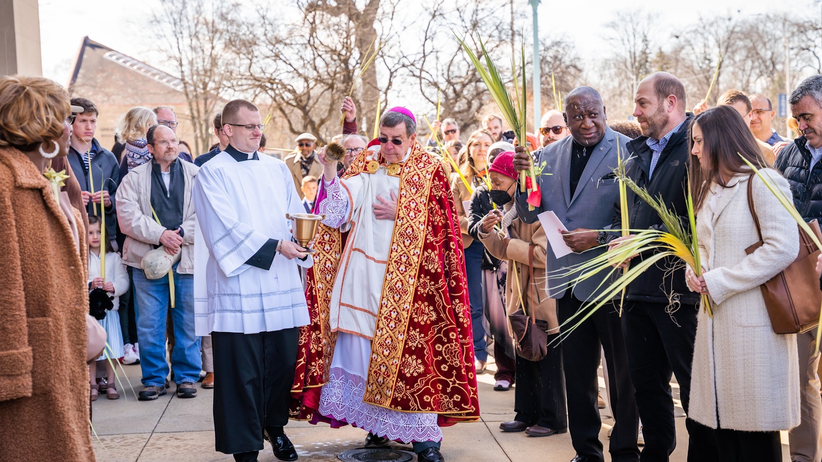 Archbishop Vigneron blesses palm fronds on Palm Sunday during the start of Holy Week on April 2, 2023, at the Cathedral of the Most Blessed Sacrament. (Valaurian Waller | Detroit Catholic)