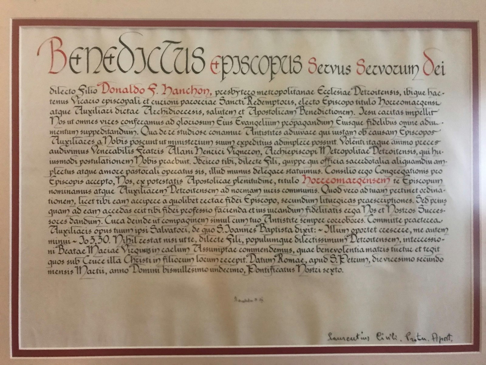 The papal bull given to Detroit Auxiliary Bishop Donald F. Hanchon in 2011 contains Pope Benedict XVI's signature in small handwriting at the bottom right-hand corner. (Courtesy of Bishop Donald F. Hanchon)