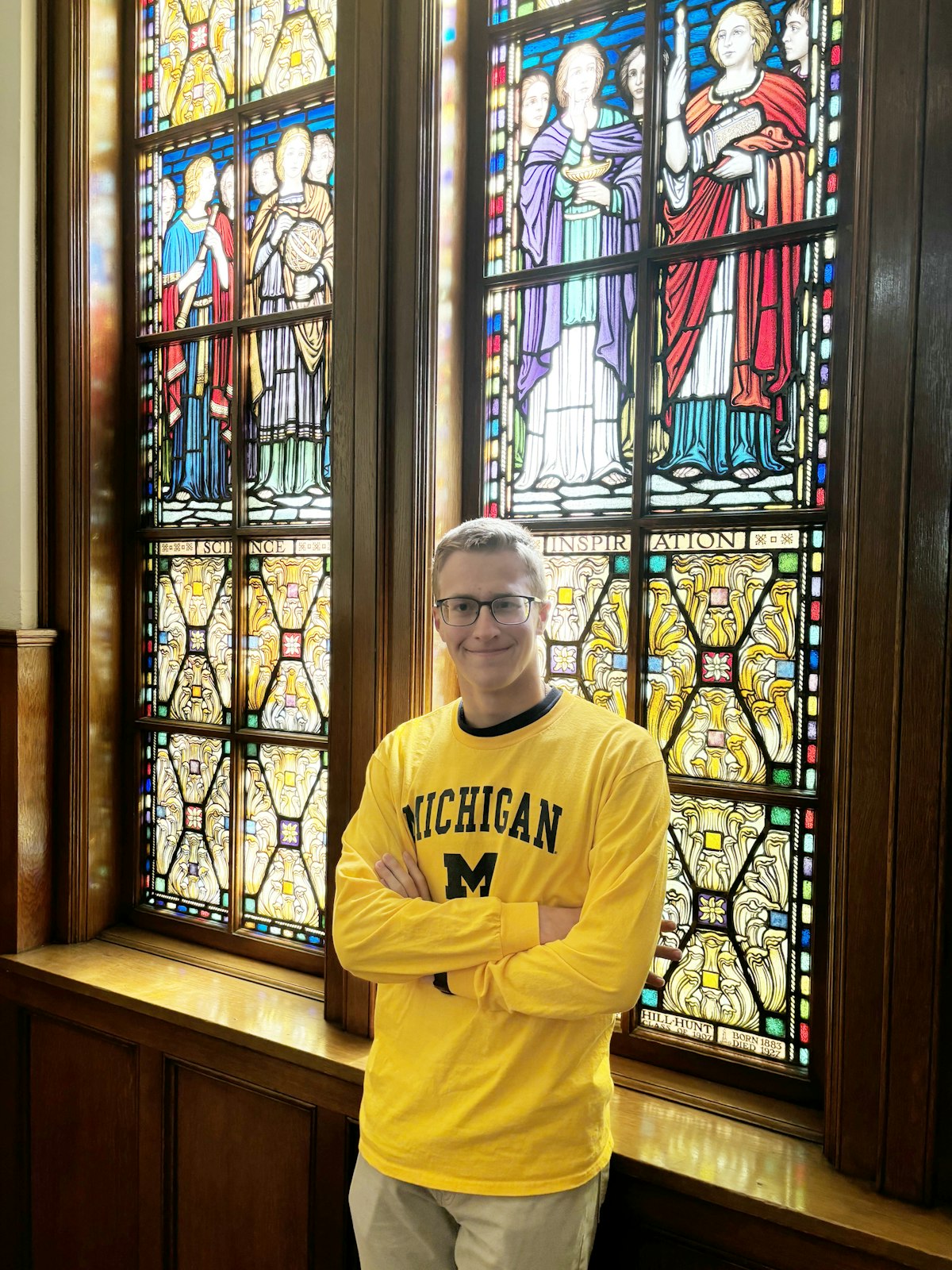 Walter Plymale, a senior at University of Detroit Jesuit High School, is pictured at the Michigan League in Ann Arbor during a college tour to the University of Michigan. (Photo courtesy of Marian Plymale)