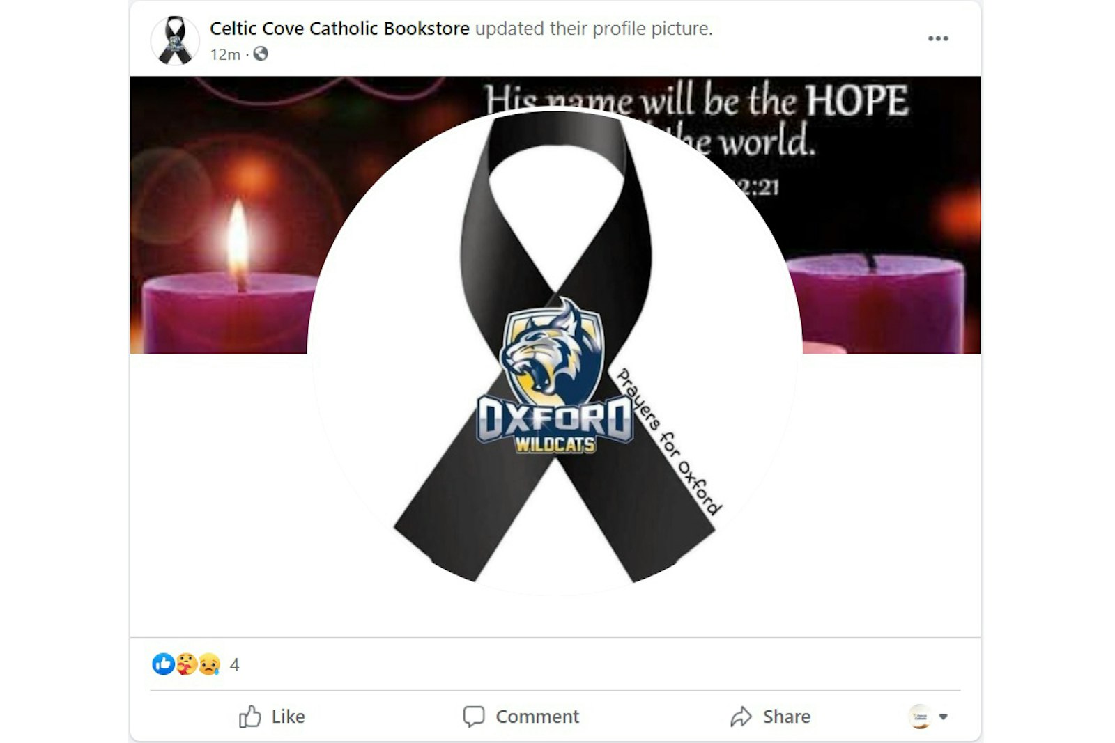 A Facebook post from Celtic Cove Catholic Bookstore in Oxford asks for prayers for victims of a school shooting Wednesday, Nov. 30, that claimed the lives of three students and wounded at least eight others at Oxford High School in northern Oakland County. (Screengrab via Facebook)
