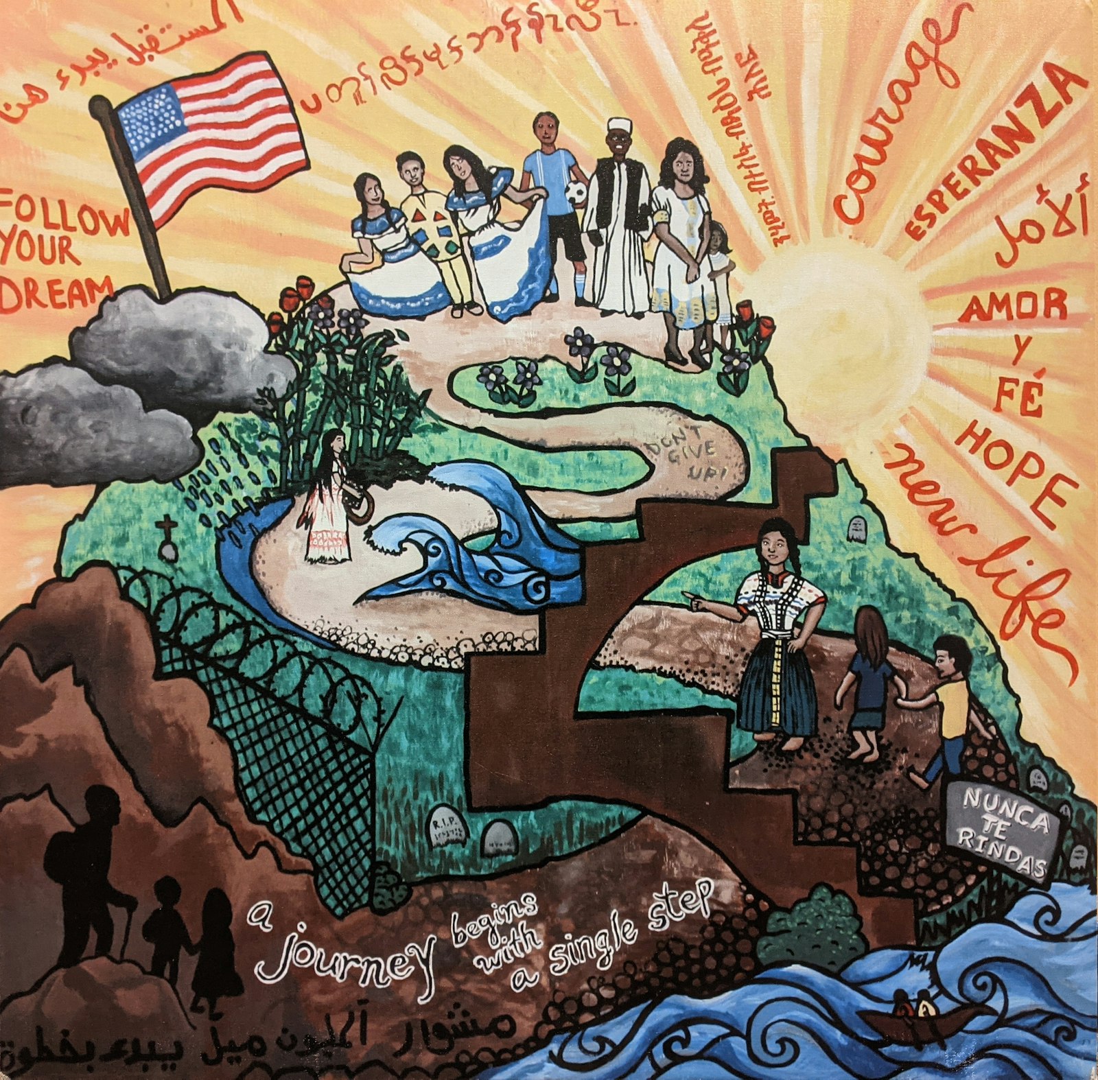 “Reflections on a Journey,” a mural created by refugee children in Michigan, was completed with the help of a professional artist in Lansing to commemorate World Refugee Awareness Week in 2015. Small canvas copies of the piece are on display at several art galleries in Michigan.