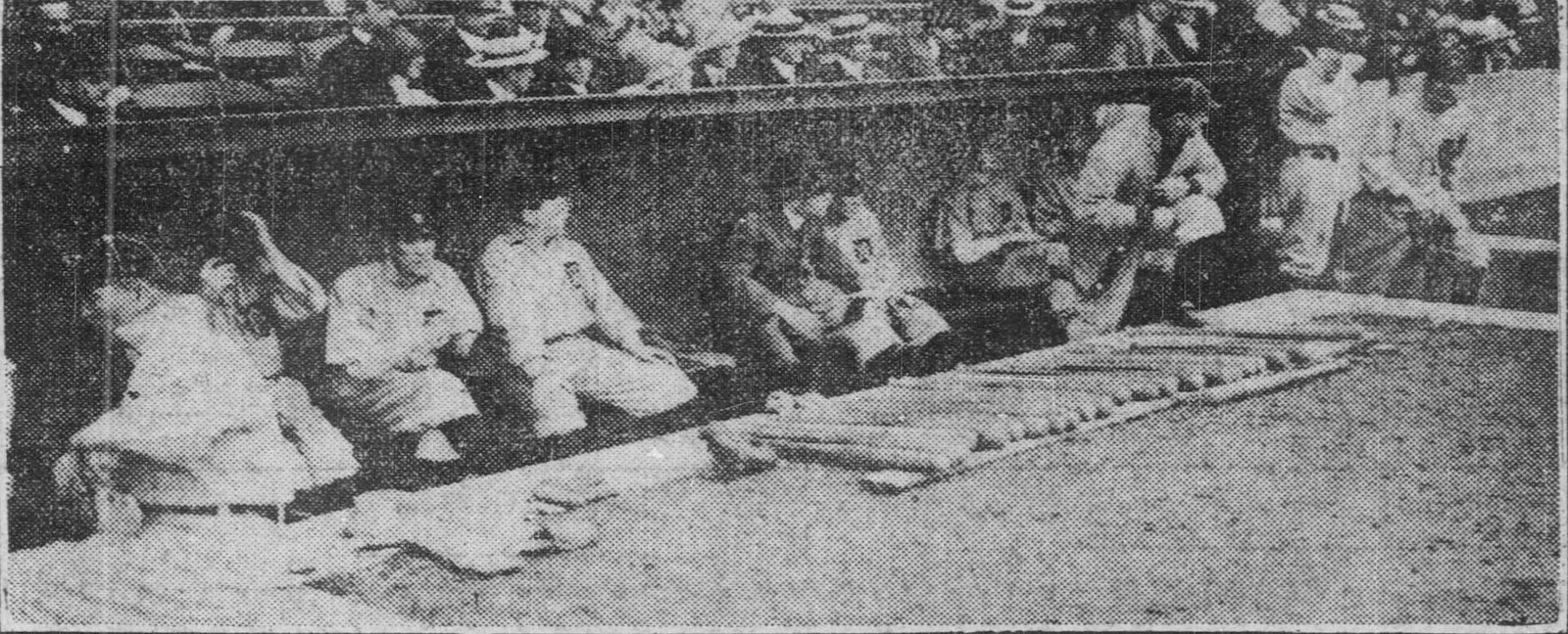 The replacement Detroit Tigers are pictured in the dugout against the Philadelphia A's on May 18, 1912.