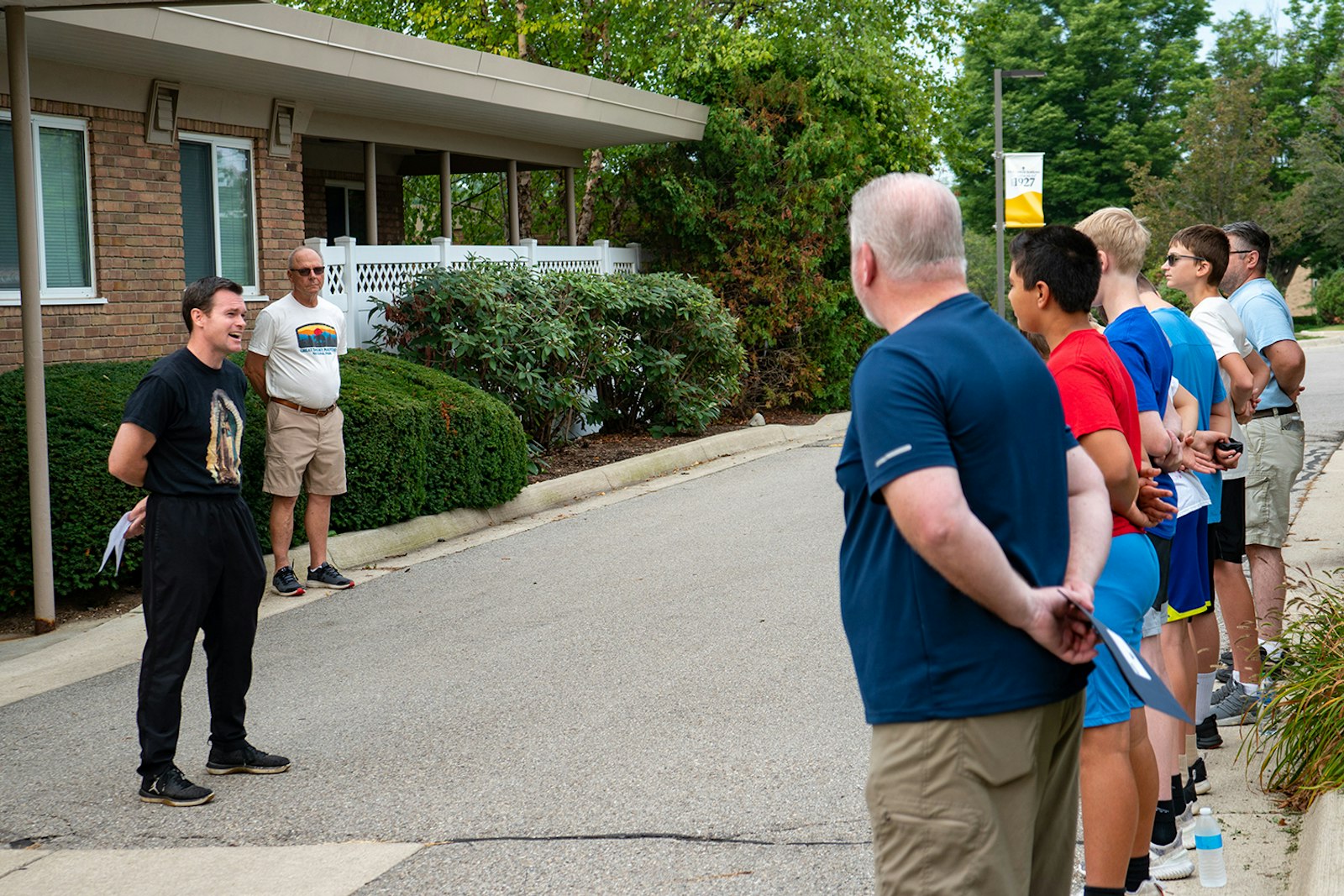 Dan Wolocko address the group of dads and boys Aug. 20. Wolocko, director of TrinityElite Sports Performance with Trinity Health, said he came up with the idea after noticing many boys tend to have a greater devotion to sports than to their faith.