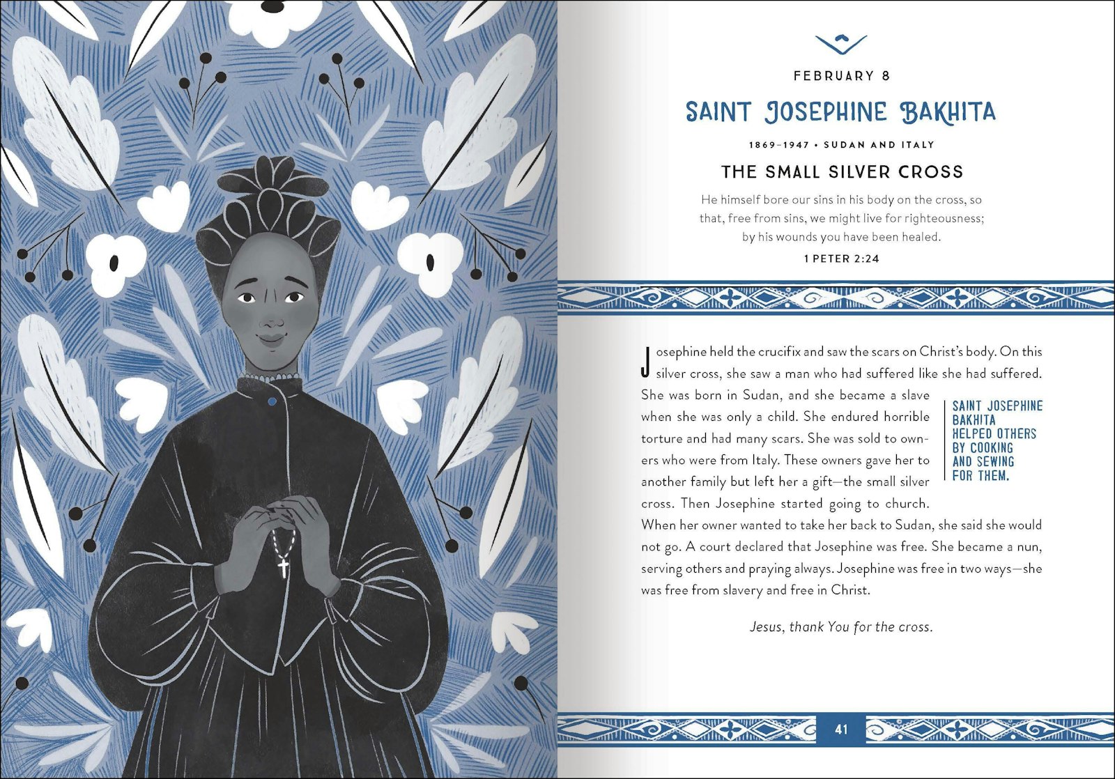 A page of the devotional featuring St. Josephine Bakita includes information, a Scripture passage and short reflection on the saint's life and impact.