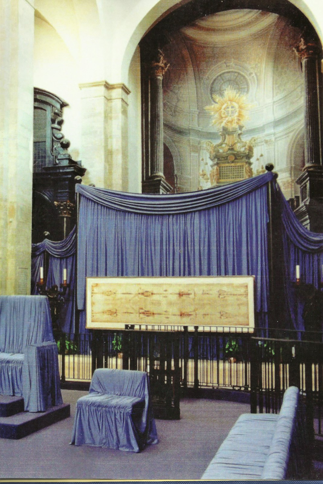 The shroud is pictured on display at the Cathedral of St. John the Baptist in Turin. The shroud was bequeath to the pope in 1983 by Umberto II, who was the Duke of Savoy, the family that owned it at the time. (Photo courtesy of Deacon Bob Tremmel)