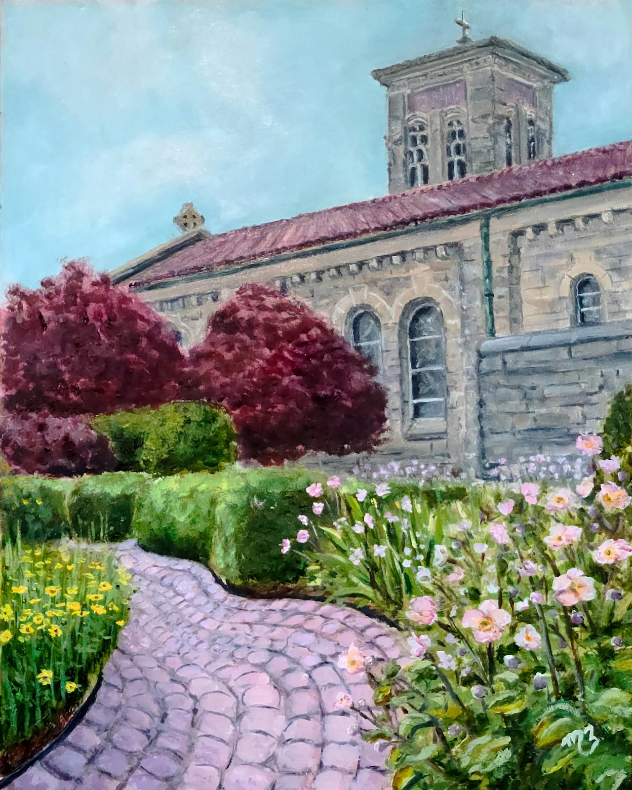 An oil painting by Mary Zabawski depicts St. Anne's front garden. If all her painting accomplishes is to momentarily bring someone closer to God, that's good enough, she said.