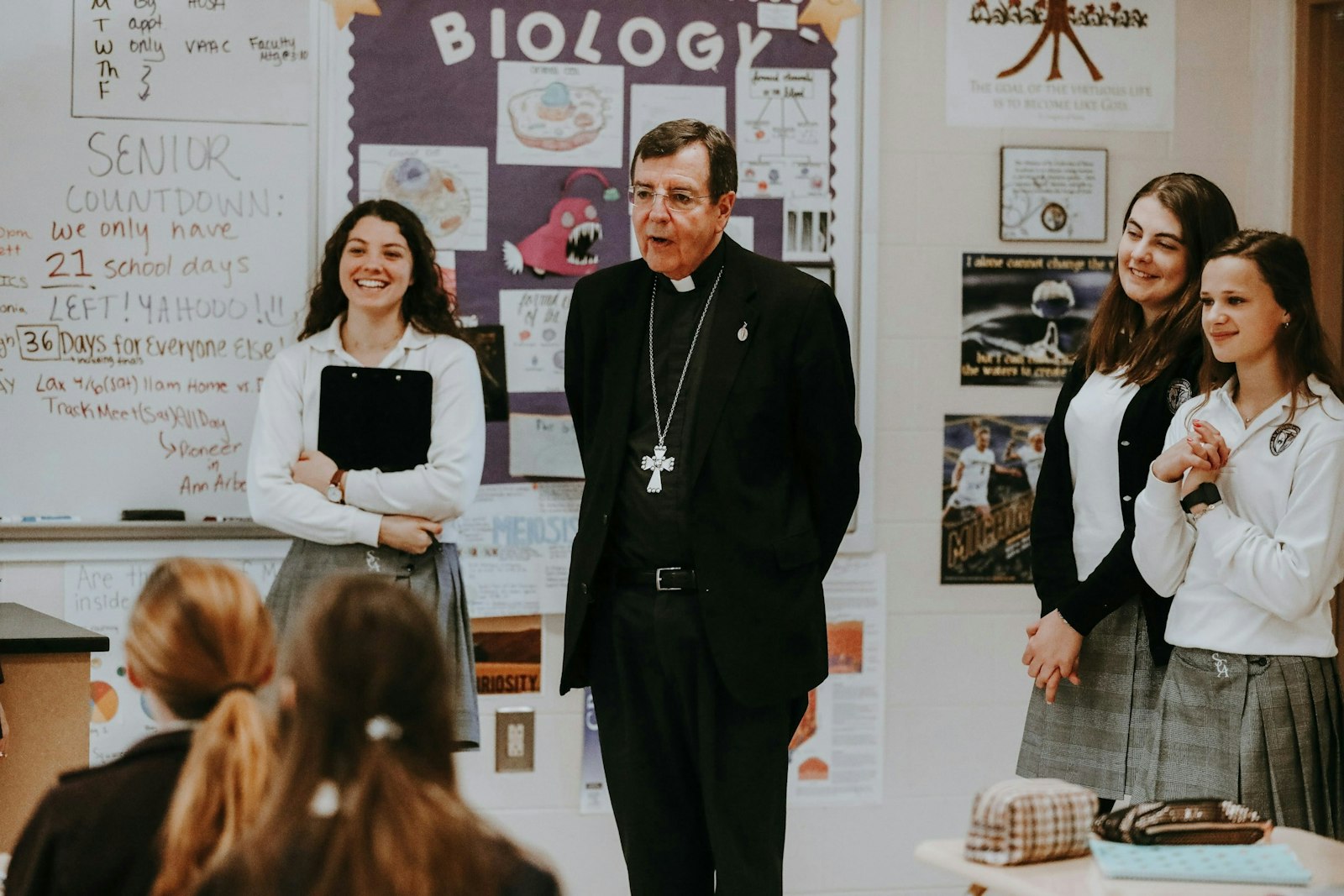 Archbishop Vigneron visits with students at St. Catherine of Siena Academy in Wixom. Following the pandemic, Catholic schools in the Archdiocese of Detroit experienced a double-digit increase in enrollment, a testament to their resilience and commitment to a faith-filled education during a trying time. (Naomi Vrazo | Detroit Catholic)