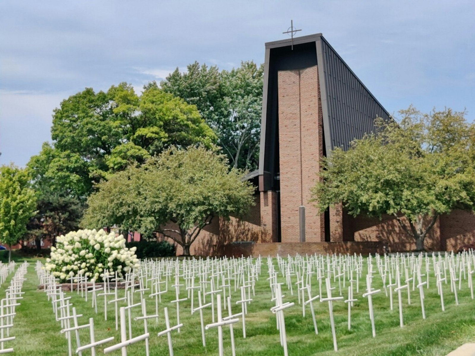 Hundreds of crosses representing victims of abortion are pictured outside St. John Fisher Chapel University Parish in Auburn Hills on Aug. 23. (Courtesy of St. John Fisher Chapel University Parish)