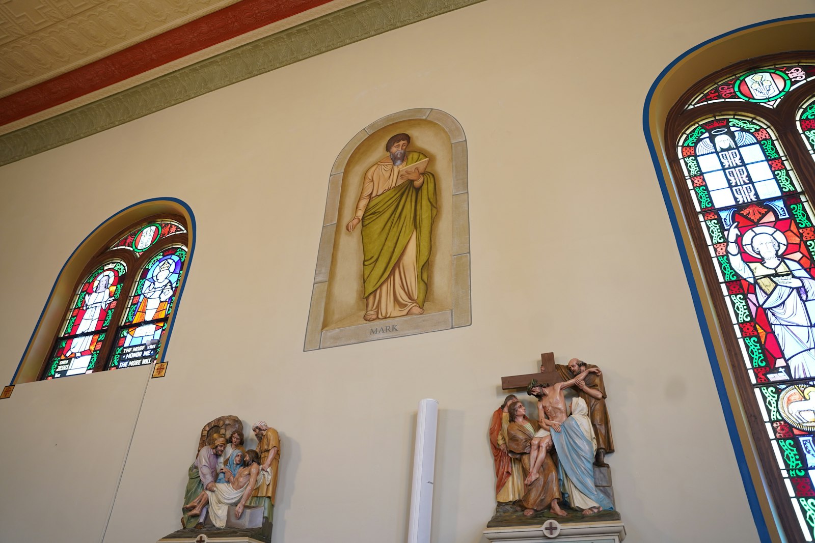 The completed renovations at St. Joseph Parish in Erie includes murals of the Gospel evangelists, such as St. Mark. Fr. Louis Lapeyre, the priest "In Solidum" assigned to St. Joseph, said he uses paintings and murals in his homilies as a visual aids.