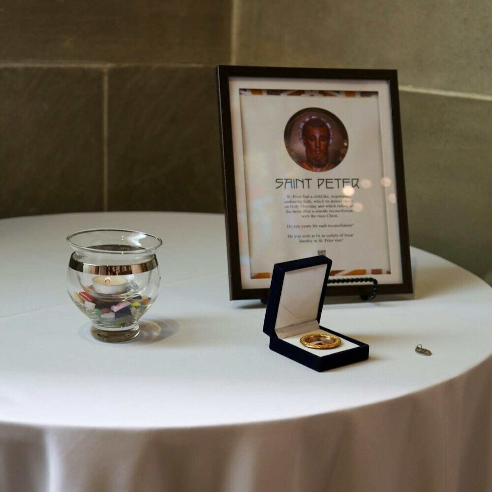 Pilgrims are invited to bring their intentions to the saints, such as St. Peter, whose relic is pictured here.