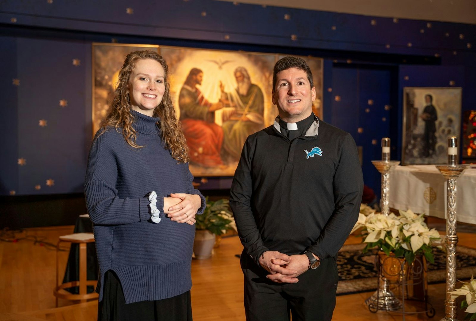 Fr. Dominic Macioce and Claire Mutone have been thinking of ways to remodel the worship space at St. Elizabeth Ann Seton, incorporating stained-glass windows, statues and murals to visually represent how Mass brings the people of God into contact with the divine.