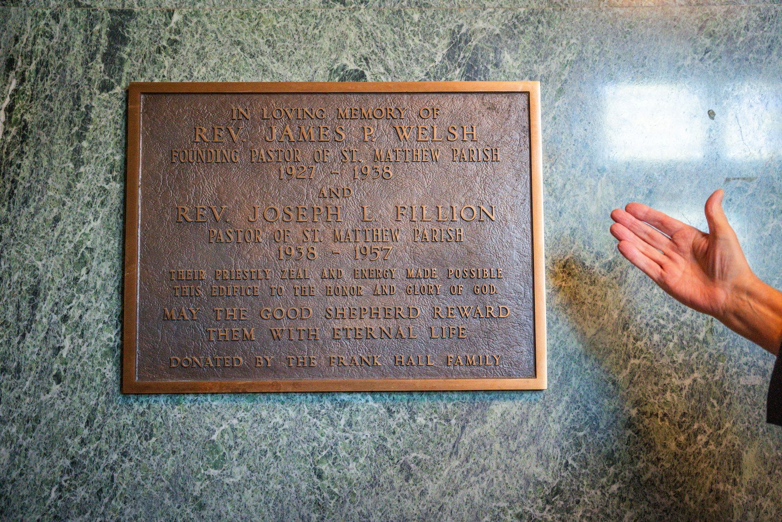 A plaque commemorating Fr. James P. Welsh, founding pastor of St. Matthew, and Fr. Joseph L. Fillion, the second pastor of St. Matthew Parish, from 1937-56, who oversaw construction of the current St. Matthew Church.