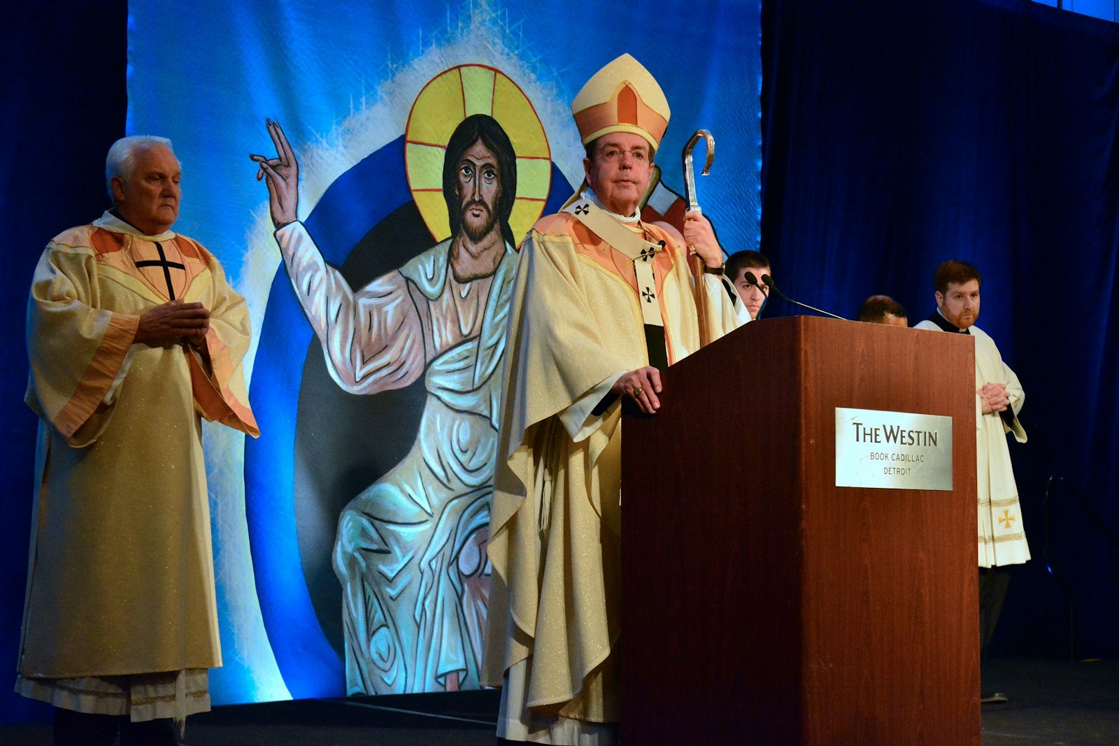 Archbishop Vigneron presides over the opening session of Synod 16 at the Westin Book Cadillac on Nov. 18, 2016. The archbishop's pastoral letter, "Unleash the Gospel," which has become a foundational blueprint for the local Church, is "a record of the graces of the synod," the archbishop said. (Michael Stechschulte | Detroit Catholic file photo)