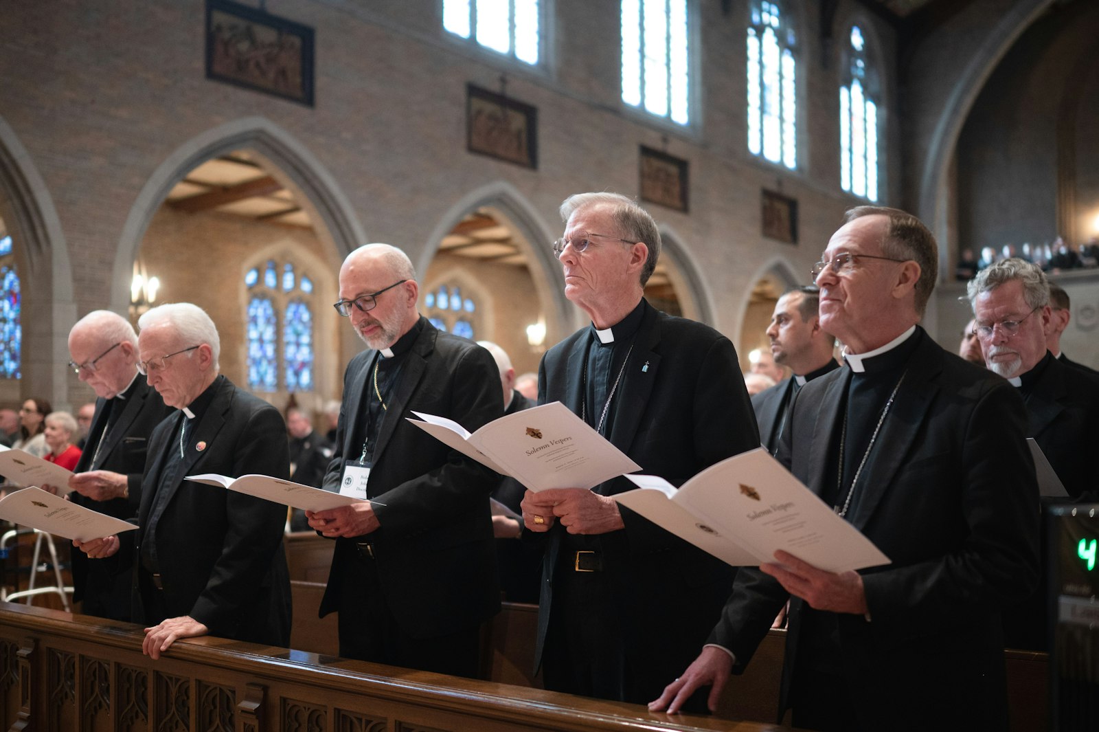 Priests and bishops pray March 17 during a solemn vespers service ahead of Archbishop-designate Weisenburger's installation Mass. (Tim Fuller | Special to Detroit Catholic)