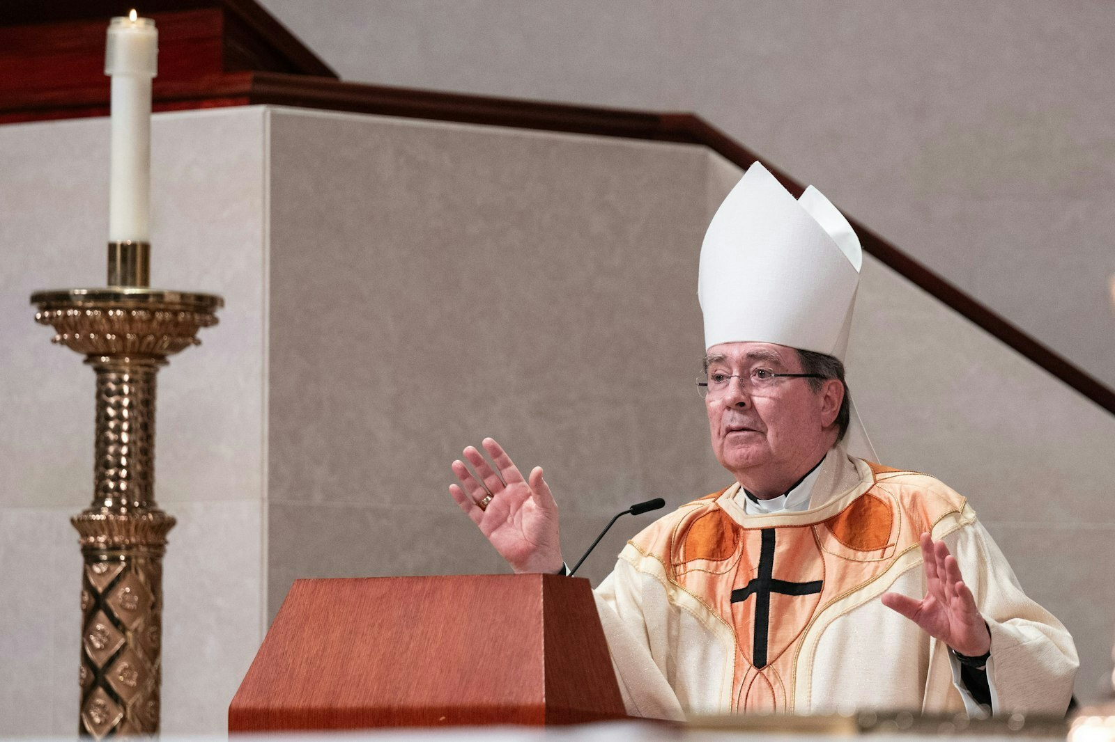 El Cardenal Christophe Pierre, nuncio apostólico en los Estados Unidos, habla durante la Misa de instalación del Arzobispo Edward J. Weisenburger. El Cardenal Pierre agradeció al Arzobispo Weisenburger, en nombre del Papa Francisco, por su "sí" para venir a Detroit. (Tim Fuller | Detroit Catholic)