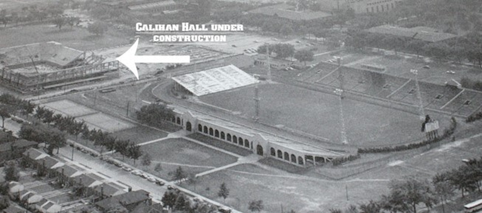 The old University of Detroit football stadium is seen in this picture from the early 1950s. The grandstands no longer exist. (Photo from Detroittitans.com)