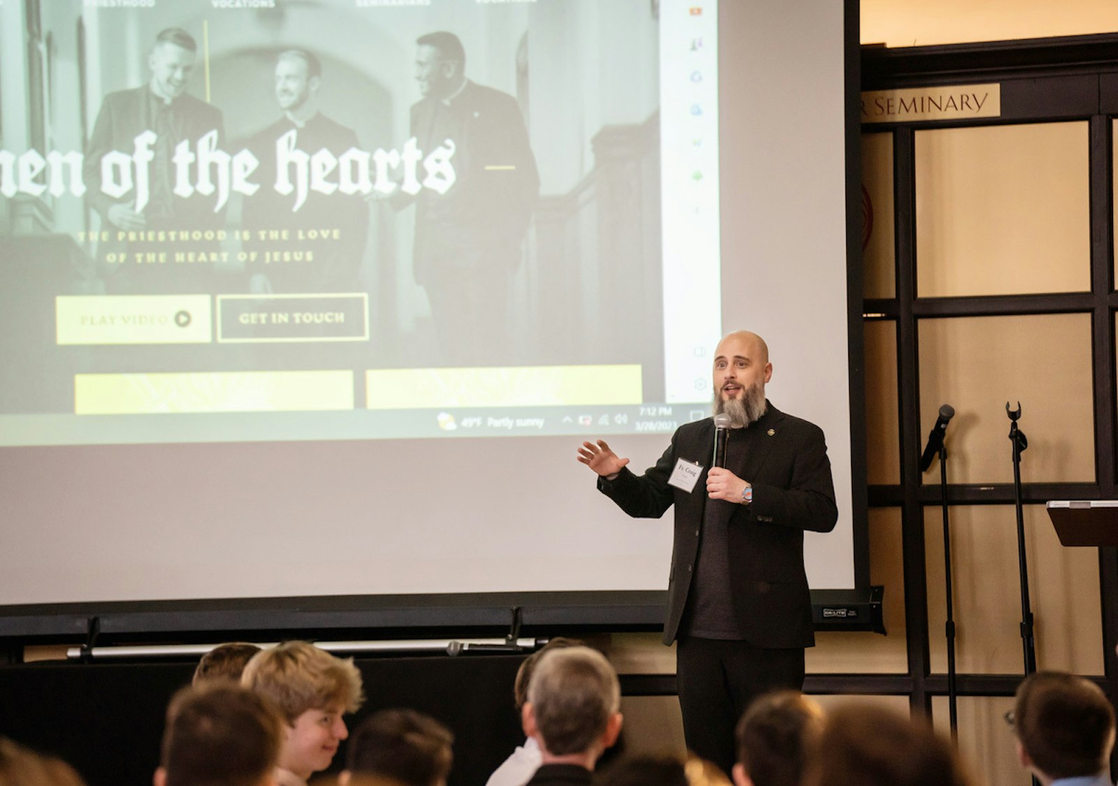 Fr. Giera speaks during an evening prayer and dinner with the archbishop at Sacred Heart Major Seminary in Detroit in March 2023. (Valaurian Waller | Detroit Catholic)