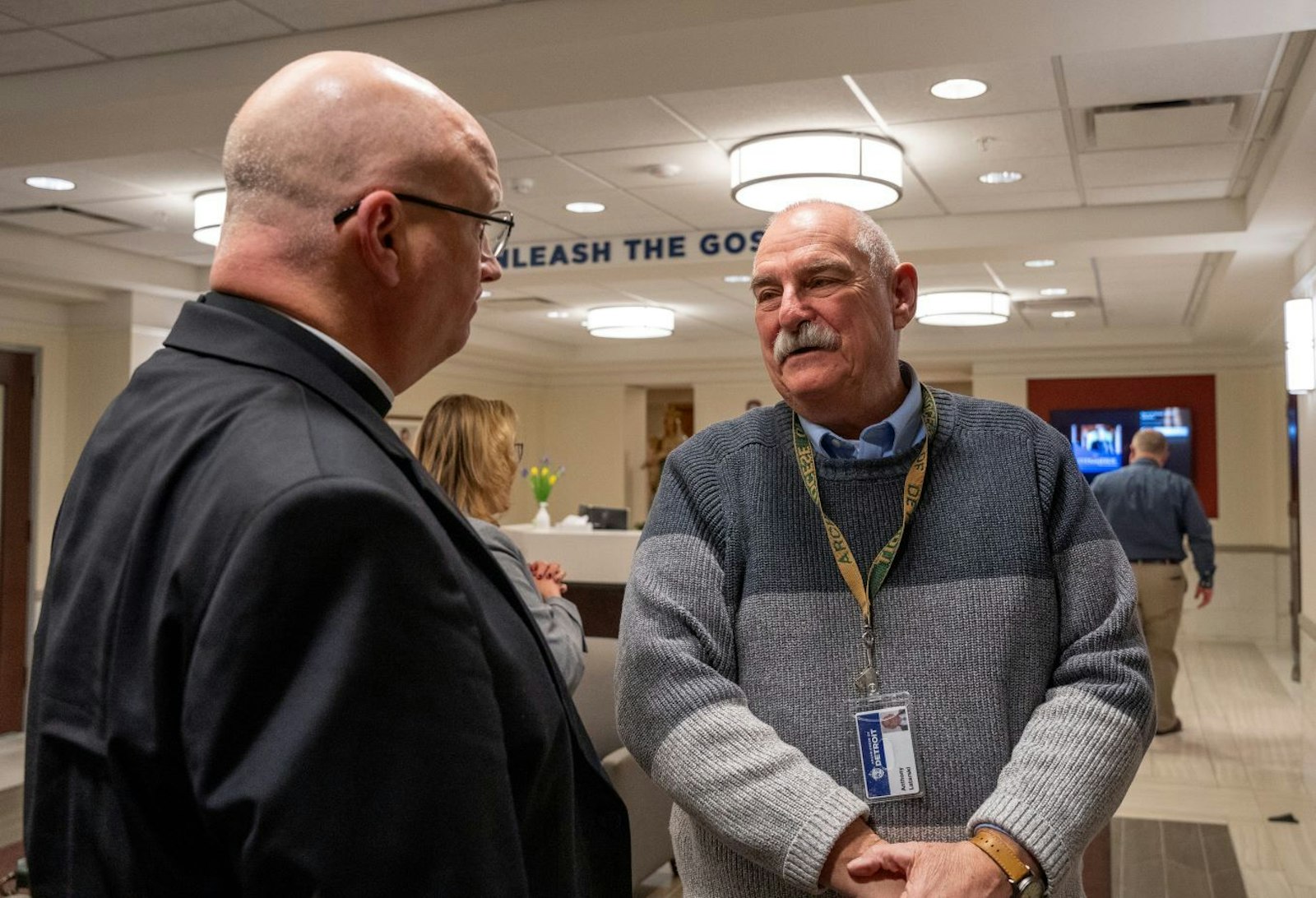 Archbishop-elect Weisenburger speaks to members of the archdiocesan curia staff after he was appointed the sixth archbishop of Detroit.