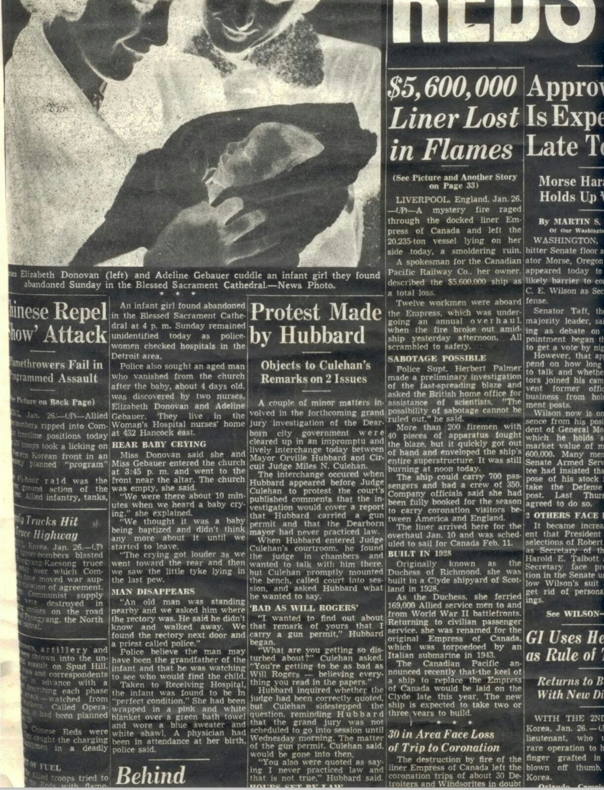 La edición del 27 de enero de 1953 del Detroit News detalla cómo dos estudiantes de enfermería encontraron a una Fuller recién nacida abandonada en la última banca de la Catedral Most Blessed Sacrament. El artículo menciona a un hombre misterioso que habría sido visto en el predio de la catedral, pero nadie sabía de él ni de su conexión con Fuller. (cortesía de la Catedral de Most Blessed Sacrament)