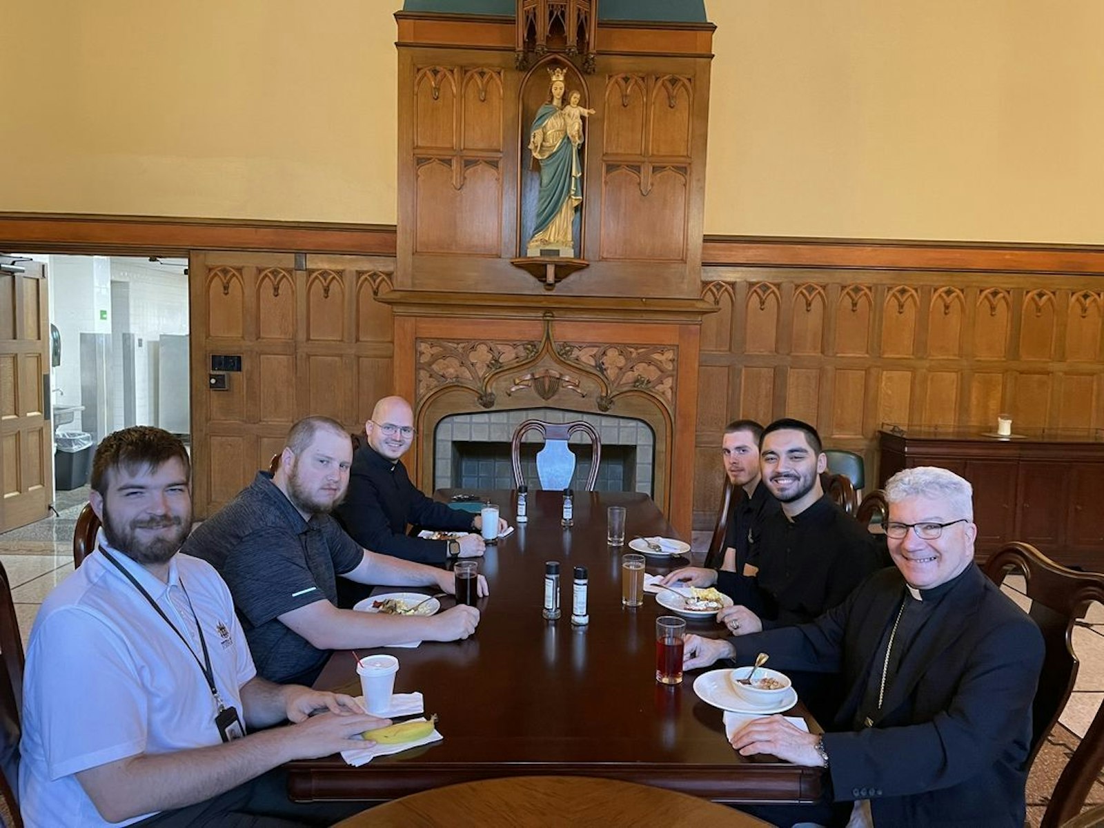 Bishop Jeffrey M. Monforton has breakfast with Diocese of Steubenville seminarians at the Pontifical College Josephinum, Columbus, Ohio, Sept. 15. (Courtesy of the Steubenville Register)