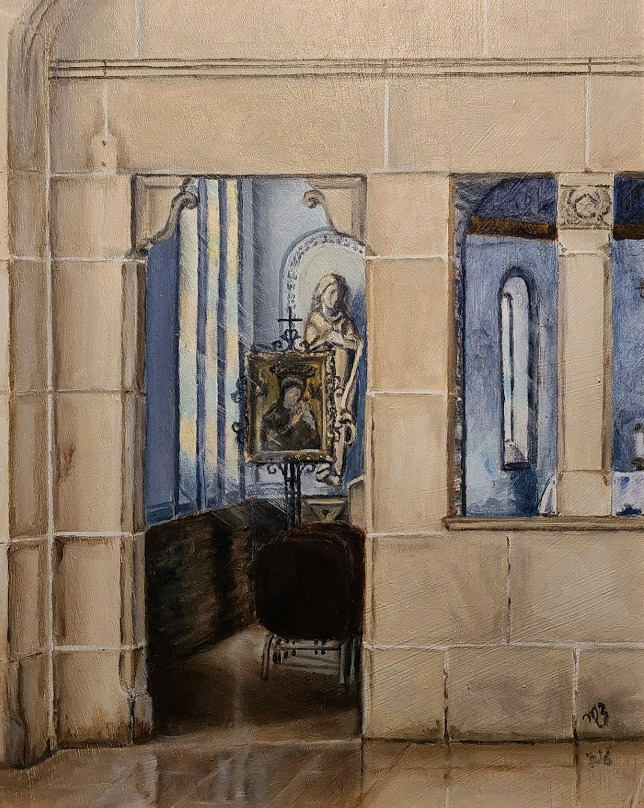 One of Zabawski's oil paintings depicts the chapel entrance at St. Anne — a familiar scene to those in the parish, but a source of quiet beauty to those seeking a refuge from the world.
