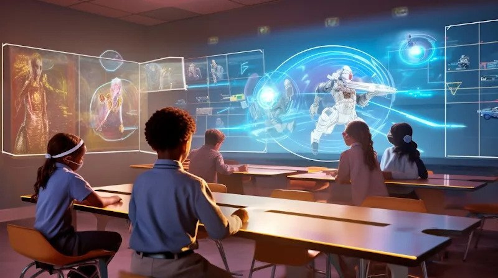 An image created for this article using Midjourney, a popular text-to-image artificial intelligence platform, shows a teacher instructing students in a futuristic environment. All images created for this article are original to the story, created using artificial intelligence. (Artificial intelligence-created image courtesy of Notre Dame Preparatory and Marist Academy)