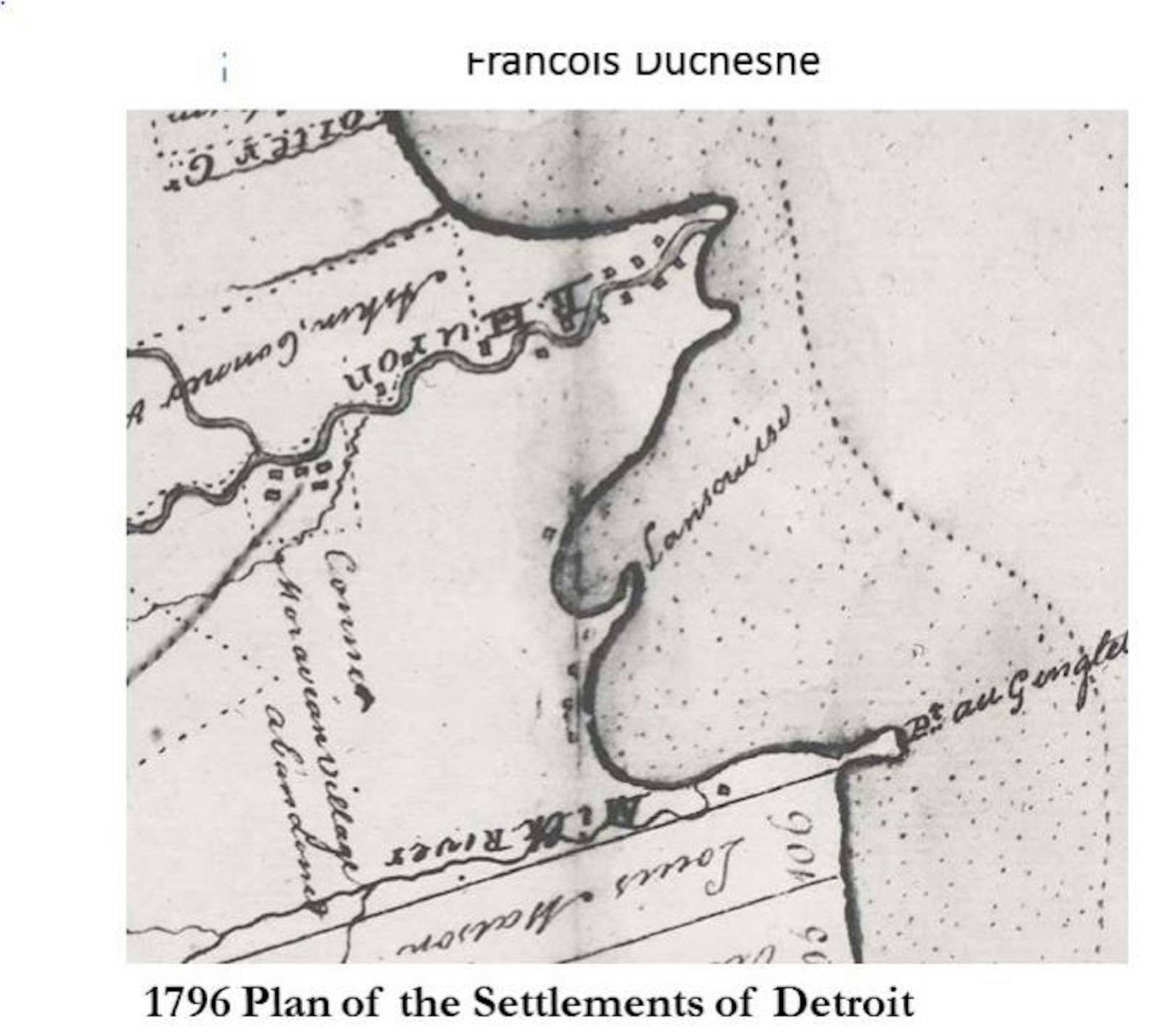 La "lengua" de tierra que sobresale de la costa del lago St. Clair, donde los historiadores creen que se encontraba la Misión de St. Felicity. La construcción de la iglesia en la "lengua" facilitó el acceso de los barcos. Sin embargo, en la década de 1850, la lengua ya no aparecía en la mayoría de los mapas. (Cortesía del condado de Macomb)