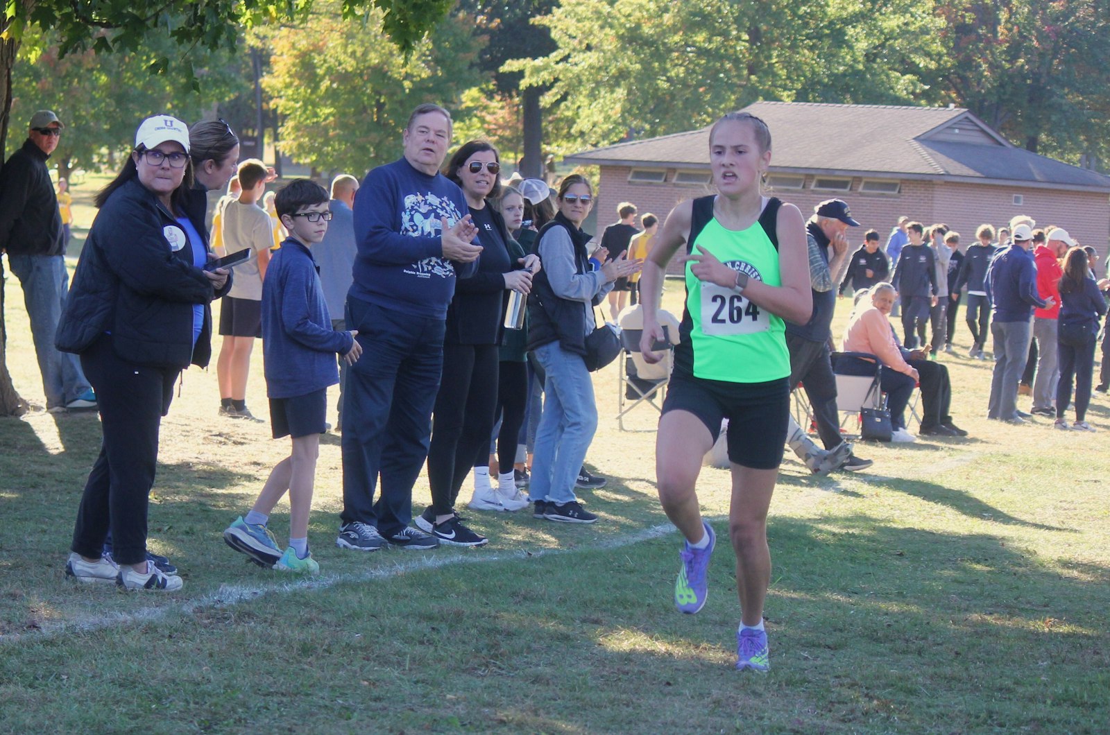 Jackson Lumen Christi’s Samantha Schroeder is all by herself nearing the finish line of the 5-kilometer course. She won the race by 48 seconds over Orchard Lake St. Mary’s Mea D’Agostino.