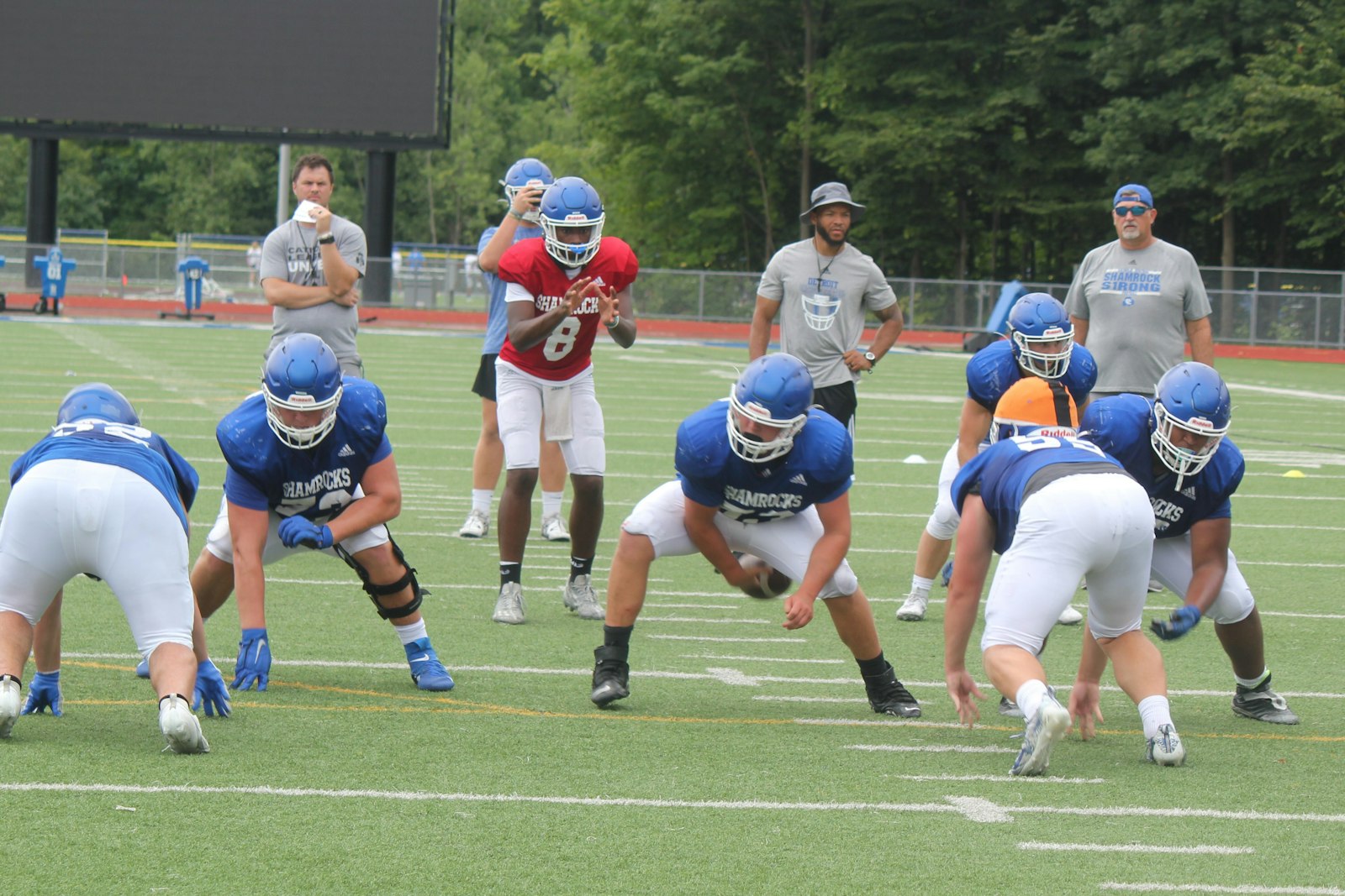 Quarterback Beau Jackson awaits the snap as Catholic Central practices its red-zone offense during the first week of the pre-season.