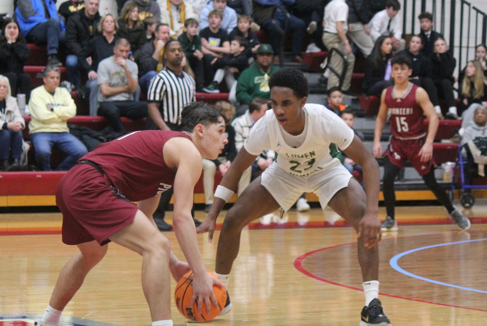 Gabriel Richard point guard Nick Sobush looks for options while being guarded by Jackson Lumen Christi’s Lunden Hampton.