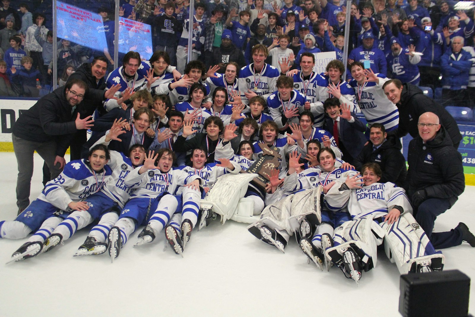 Catholic Central won its fifth straight ice hockey state title — and third in a row over Brighton — with a 2-0 victory Saturday night at USA Hockey Arena in Plymouth. (Photo by Wright Wilson | Special to Detroit Catholic)
