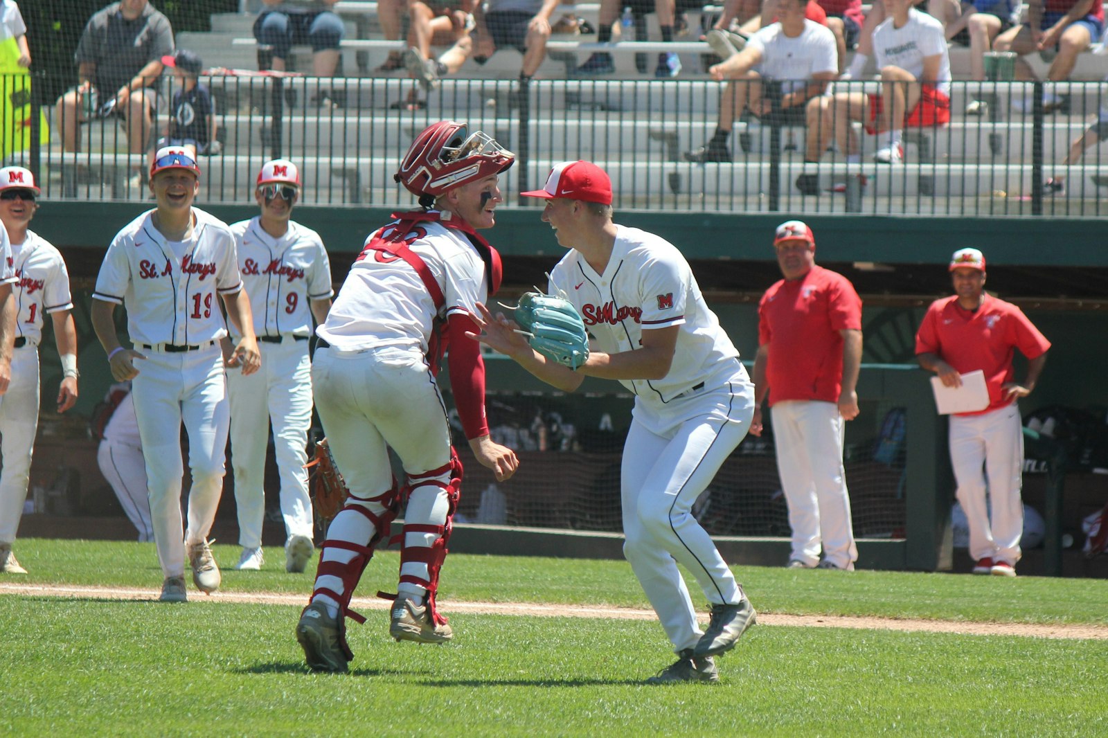 Brock Porter and his battery-mate, catcher Ike Irish, break into an impromptu celebratory dance once the final out is recorded in Orchard Lake St. Mary’s 9-0 no-hit victory over Grand Rapids Forest Hills Northern.