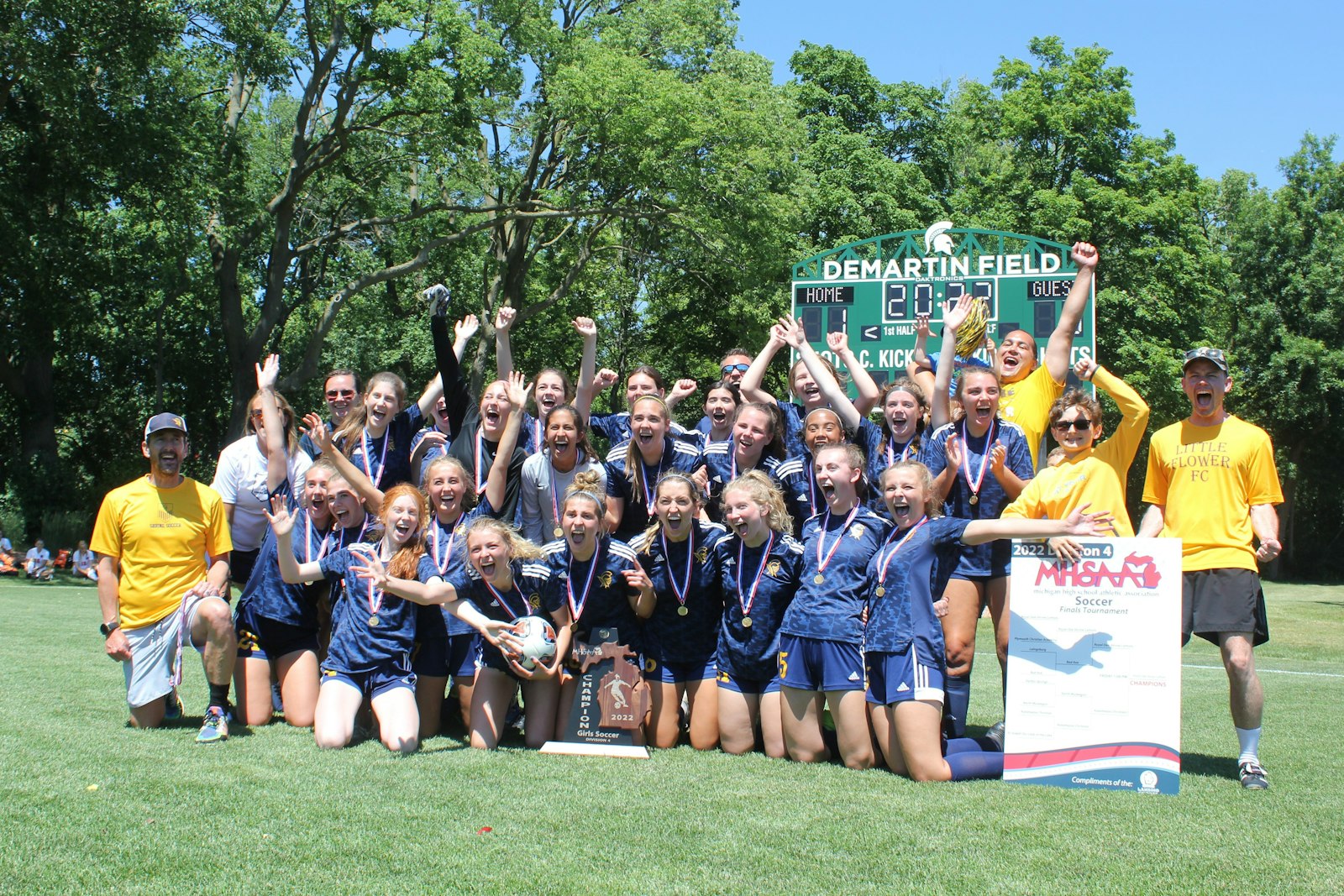 Royal Oak Shrine’s girls soccer team celebrates its state championship after edging Kalamazoo Christian, 1-0, on June 17 at Michigan State University. The Lady Knights also defeated Kalamazoo to win their other state title, in 2019.