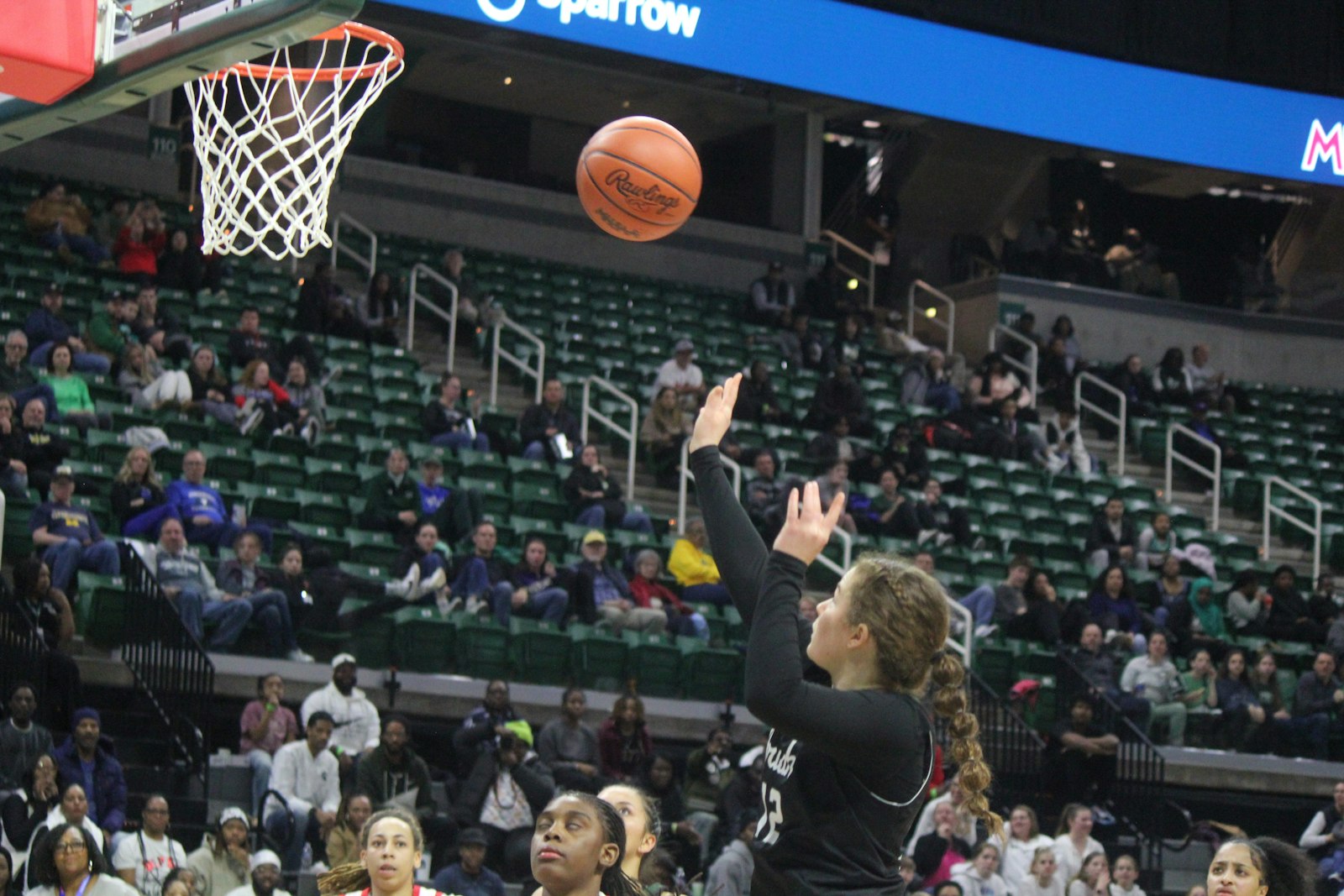 Fr. Gabriel Richard’s Bethie Benz gets a clean shot for a basket in the second quarter of the MHSAA Division 2 championship game. Benz is one of just two seniors on the Fighting Irish roster as the majority of the team will return next season.