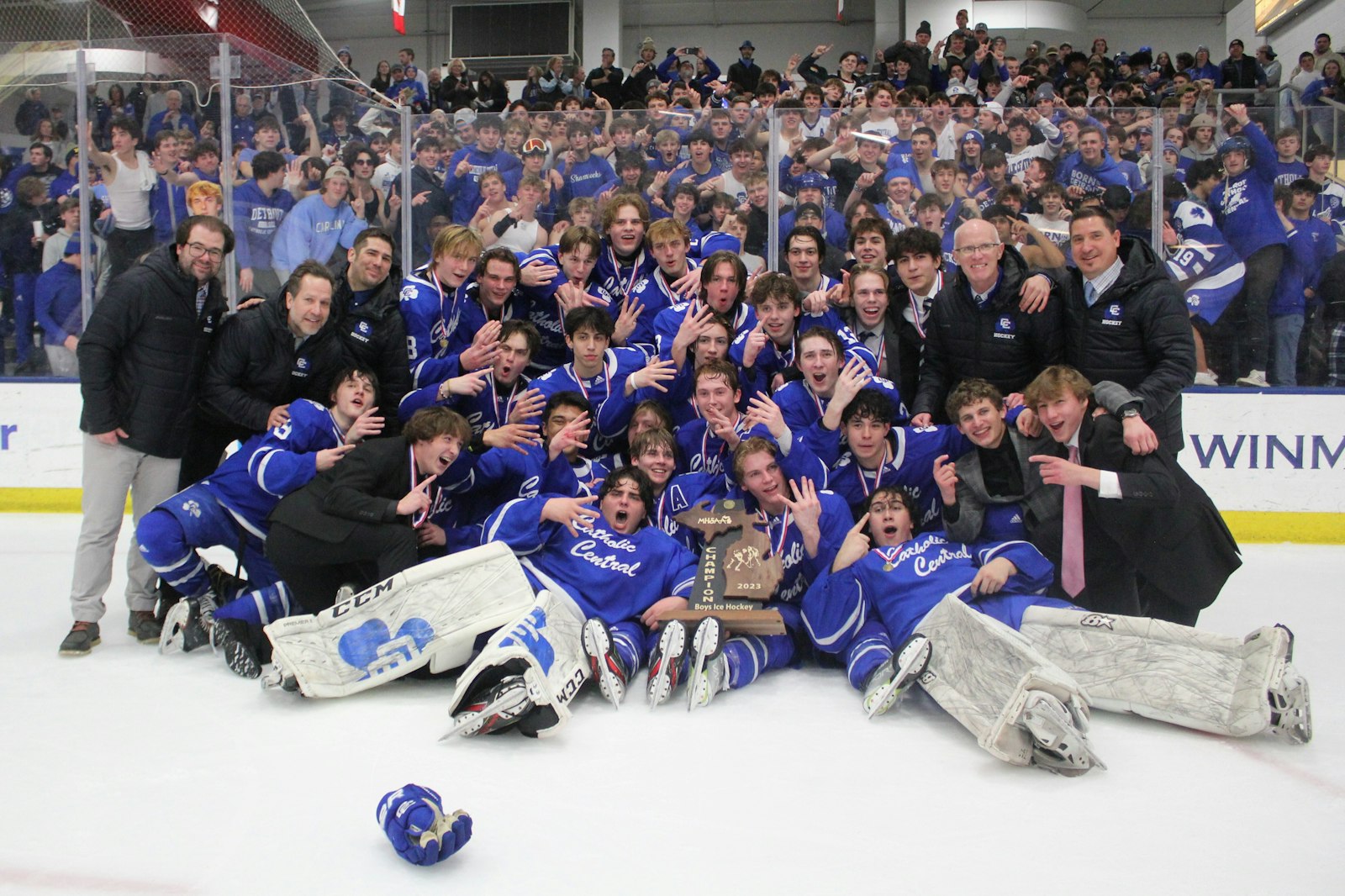 Novi Detroit Catholic Central celebrates its 17th state hockey championship in school history, following the Shamrocks’ 3-0 shutout of Brighton at Plymouth’s USA Hockey Arena on March 11.