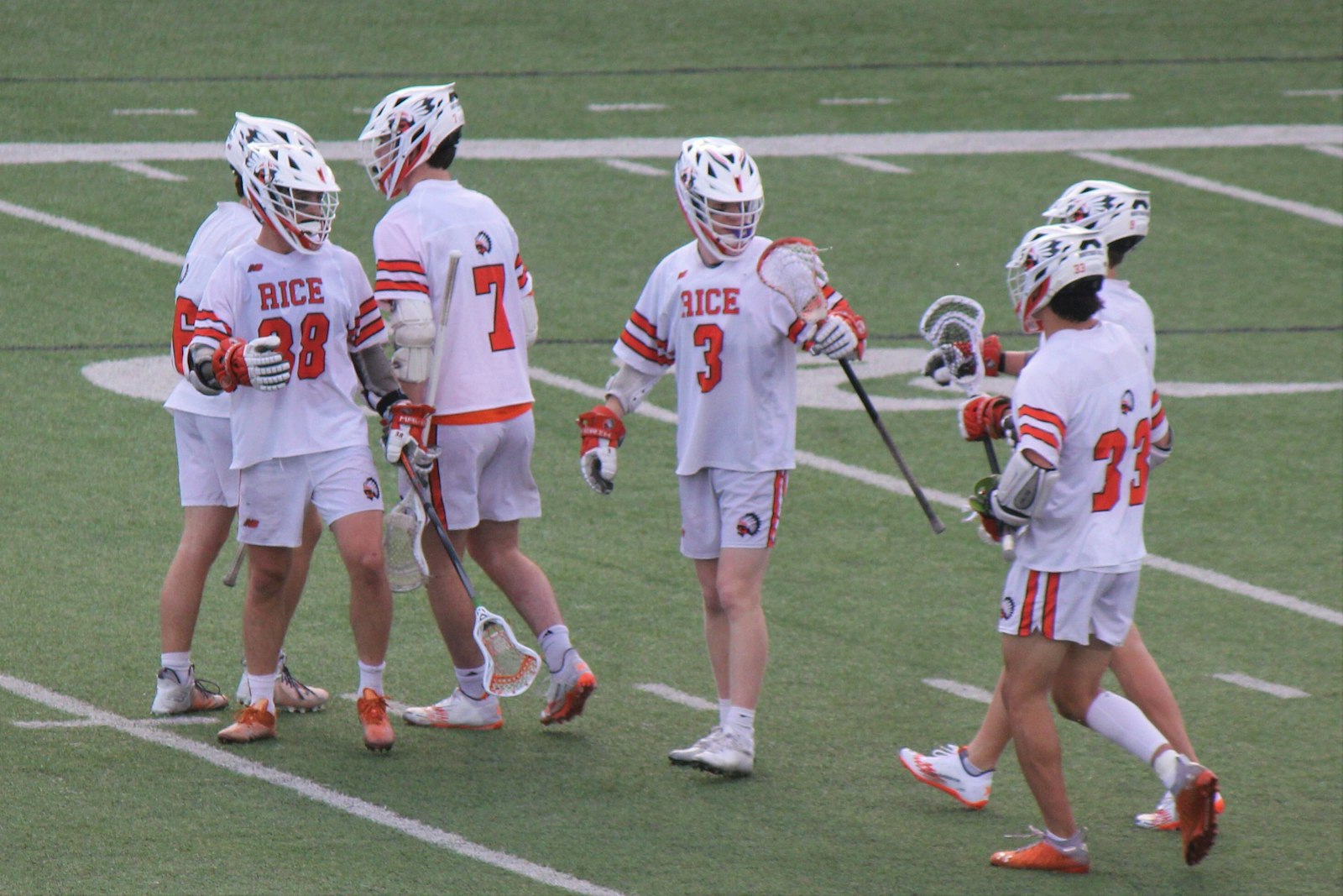 Bloomfield Hills Brother Rice players celebrate following a third-quarter goal by Ben Eck (38).